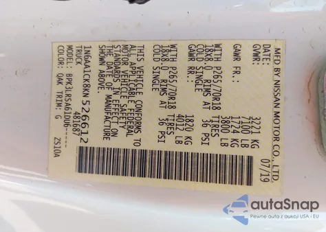 2019 Nissan Titan S z USA, uszkodzony, nr VIN 1N6AA1CK8KN526612